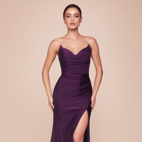 NEW STRAPLESS SHEATH SATIN DRESS W/ POINTED V-NECKLINE & SEXY LEG SLIT CD791 - Picture 3 of 6